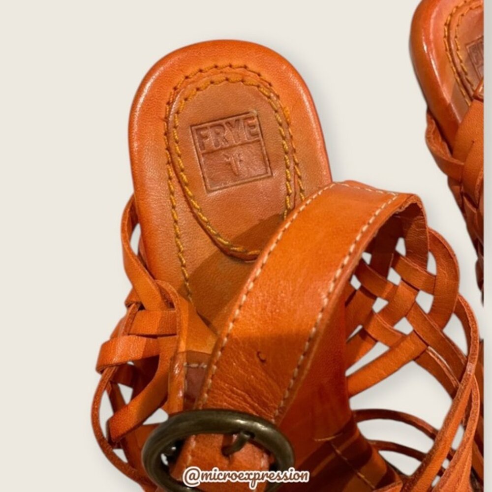 $329 Frye Joy Huarache Cognac Leather Sling Strappy Leather Sandal/Platform Heel - Picture 8 of 12